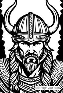 An illustrative drawing of a Viking warrior wearing a horned helmet