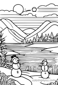 Winter sunset na may snowmen coloring page