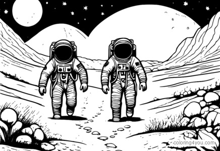 Astronauten rennen over het oppervlak van de maan, met voetafdrukken in de aanloop naar hen toe.