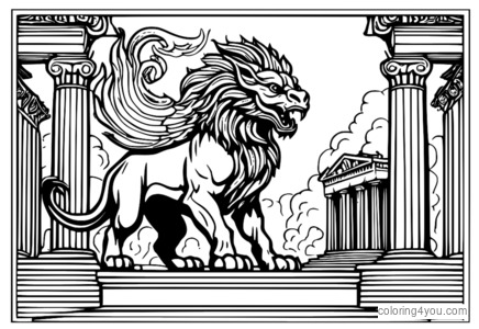 The Chimera, the mythical fire-breathing beast, standing in front of the Parthenon with smoke and flames erupting from its body