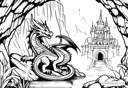 Dragon guarding treasure chest in cave with castle view