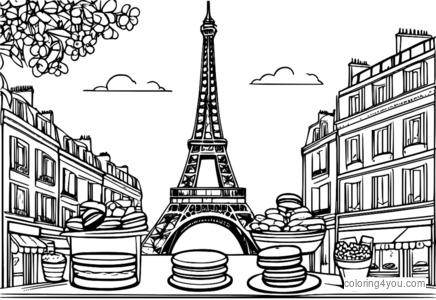 Coloring page of The Eiffel Tower with a Parisian bakery and macarons in Paris, France