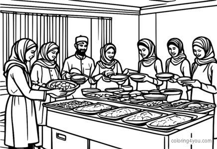 Dibujo para colorear de personas que se ofrecen como voluntarias para la organización benéfica Iftar.