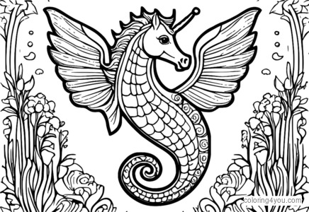 A magical sea horse with wings and a crown