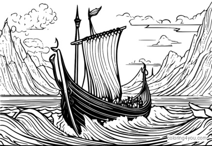 Viking ship coloring page with Ragnarok and magical fire