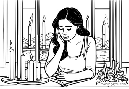 Woman crying in front of a broken heart with candles