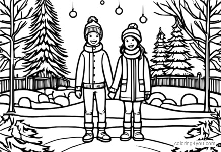 coloriage de deux amis à côté d’un sapin de Noël en hiver