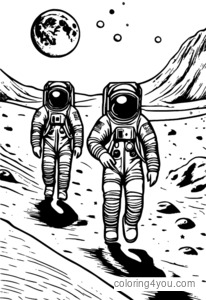 Astronauts running on the surface of the moon, with footprints leading up to them.