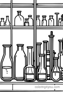 Rassomlar uchun turli xil kimyoviy eritmalarni o'z ichiga olgan turli flakonlar va stakanlarga ega laboratoriya