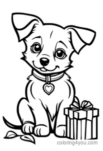 A puppy arriving at the doorstep of a surprise recipient, holding a heart-shaped gift.