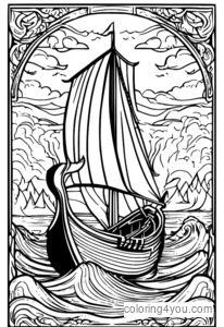 Viking ship coloring page with Ragnarok and magical fire