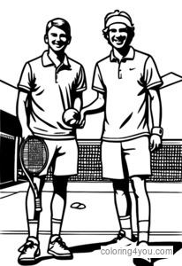 Ang mga manlalaro ng tennis doubles ay nag-pose ng mga pahina ng pangkulay - nakakatuwang mga guhit para sa mga bata