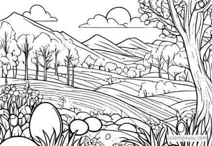 Coloriage Oeufs de Pâques colorés et chasse aux œufs pour les enfants