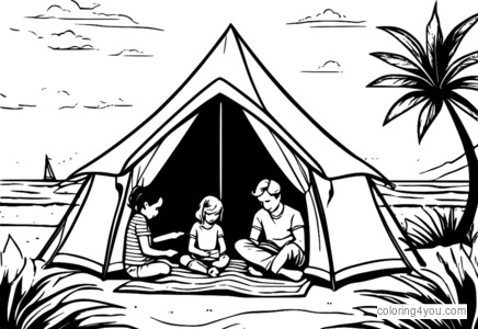 Famiglia che monta una tenda su una spiaggia