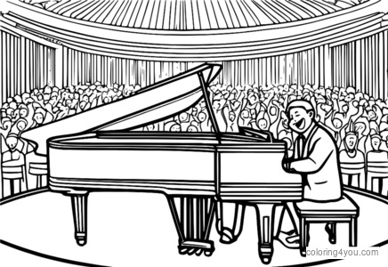 Pianista famoso en el escenario de una sala de conciertos abarrotada.