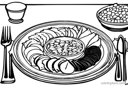 Dibujo para colorear de un thali tradicional francés con caracoles y coq au vin.