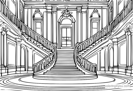 coloriage d'un grand escalier menant à une grande salle de bal, à l'intérieur d'un château royal.