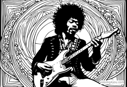 Jimi Hendrix spelar en elgitarr, omgiven av psykedeliska mönster och former