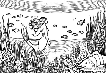 A mermaid swimming through a kelp forest, surrounded by seaweed and schools of fish.