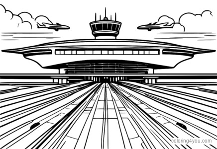 Coloring page of a modern airport runway with a series of parallel lines