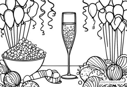 A champagne glass surrounded by confetti and balloons in celebration of the New Year.