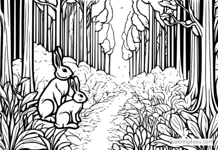 A group of rabbits hopping through a forest ecosystem