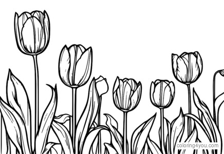 A colouring page featuring a romantic illustration of tulips in a garden