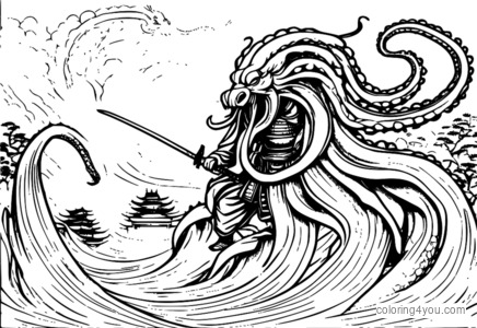 Epic battle between a samurai and a giant octopus