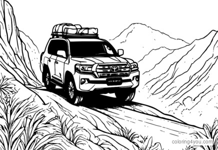 Illustration av en Toyota Land Cruiser som försöker korsa en oländig bergsväg