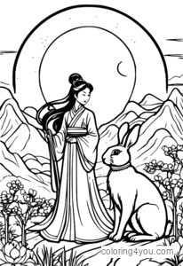 Chang'e y su conejo blanco juntos frente a una brillante luna llena.