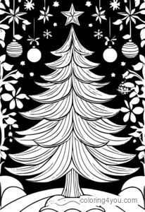 Coloriage d'arbre de Noël avec des flocons de neige, des ornements et une étoile sur le dessus.