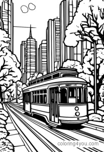 Coloring page of a yellow trolley car on a city street