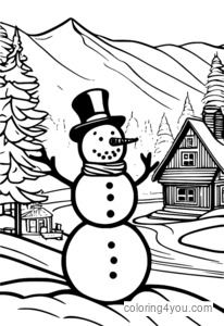 Snowman with a top hat and scarf, standing in a snow-covered village.