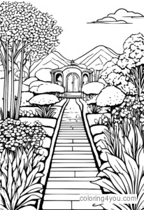 Coloriage de chemin de jardin avec des fleurs en fleurs