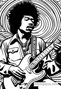 Jimi Hendrix grający na gitarze elektrycznej, otoczony psychodelicznymi wzorami i kształtami