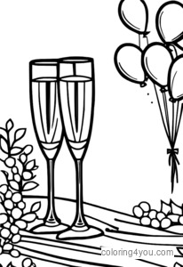 A champagne glass surrounded by confetti and balloons in celebration of the New Year.