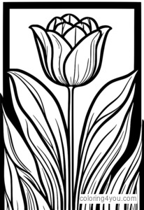 A colouring page featuring a romantic illustration of tulips in a garden