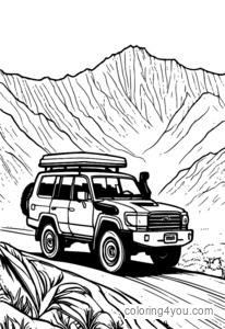 Illustration eines Toyota Land Cruiser, der versucht, eine holprige Bergstraße zu überqueren