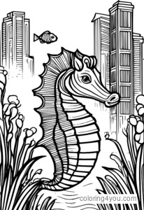 A sea horse swimming in an underwater city with buildings and fish