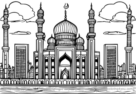 pagina da colorare di un grattacielo con architettura islamica e design moderno.