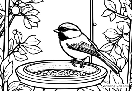 Chickadee värityssivu lumen peittämillä lintujen syöttölaitteella