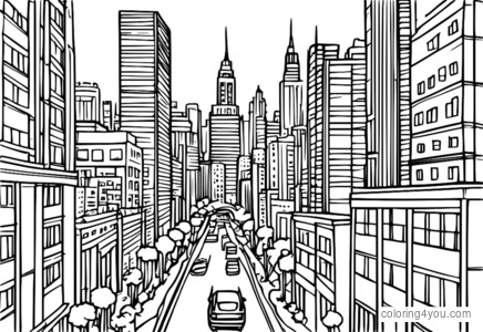 Cityscape with veggie sticks and hummus dip for kids to color