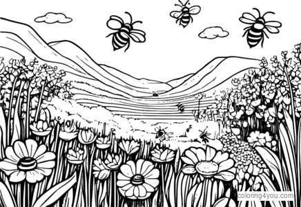 Flower garden with bees collecting pollen, learning coloring page