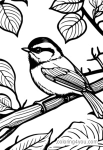 Chickadee-värityssivu, jossa on pesä oksalla