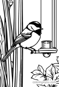 Chickadee värityssivu lumen peittämillä lintujen syöttölaitteella