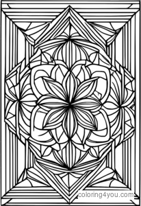 Geometric art coloring page with symmetrical design and spiral lines