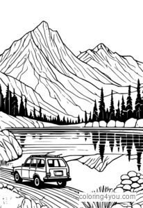 Coloring pages for kids about hiking, camping, and car adventures in summer.