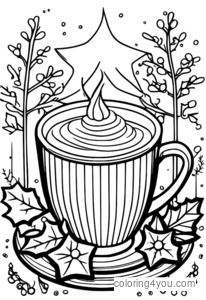 Holiday hot chocolate coloring page with marshmallows and holly