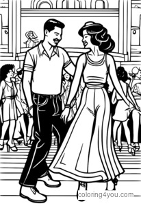 Vintage dancehall with swing dancers coloring page