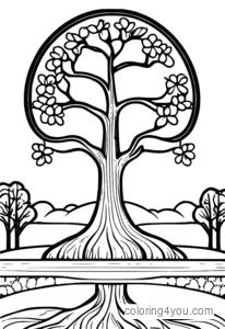 Coloriage - Arbre fantaisiste en fleurs de cerisier